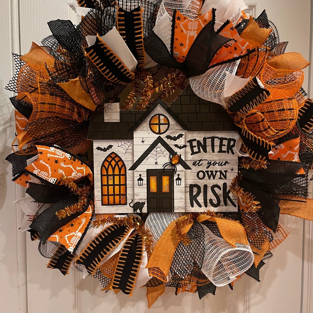 Halloween Wreath “Enter at Your Own Risk”  Spider, skeleton, black cat Wreath
